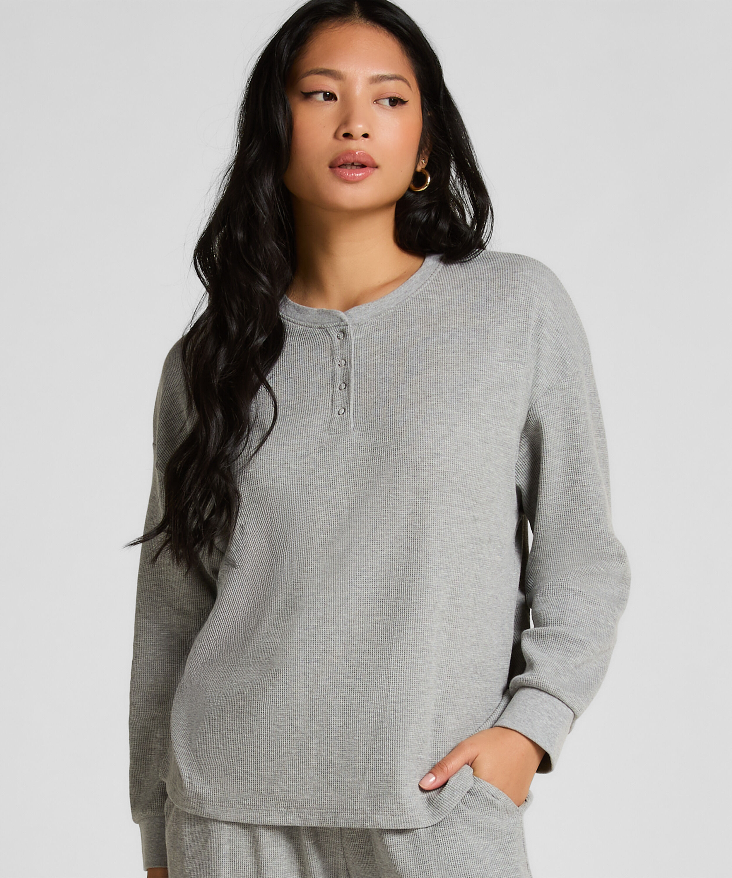 Top Waffelstrick Henley, Grau
