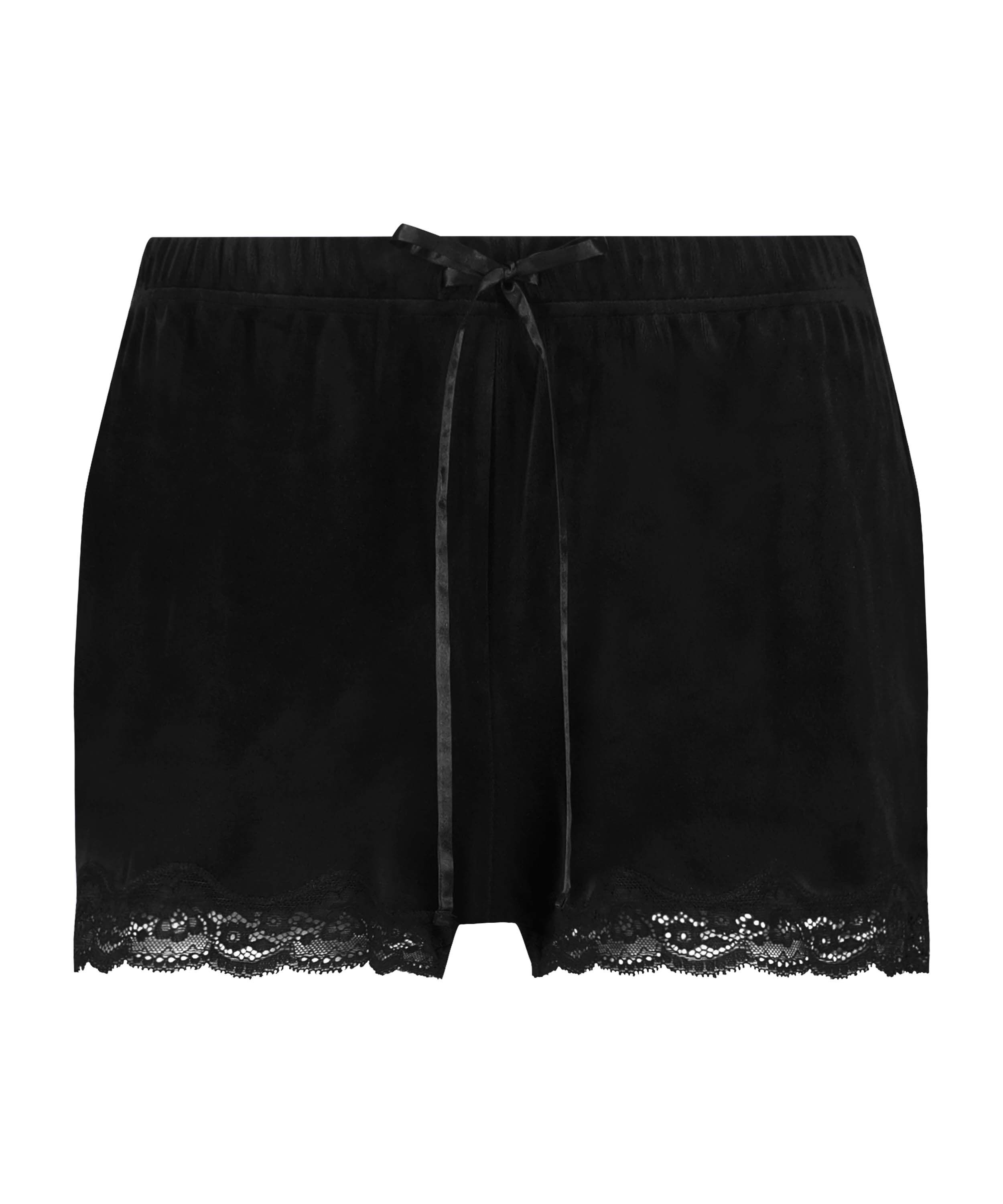 Shorts aus Velours mit Spitze, Schwarz