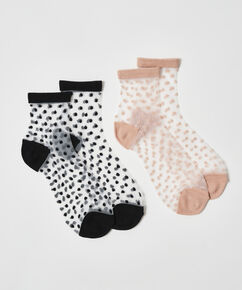 2 Paar Mesh-Socken mit Punktmuster, Teint