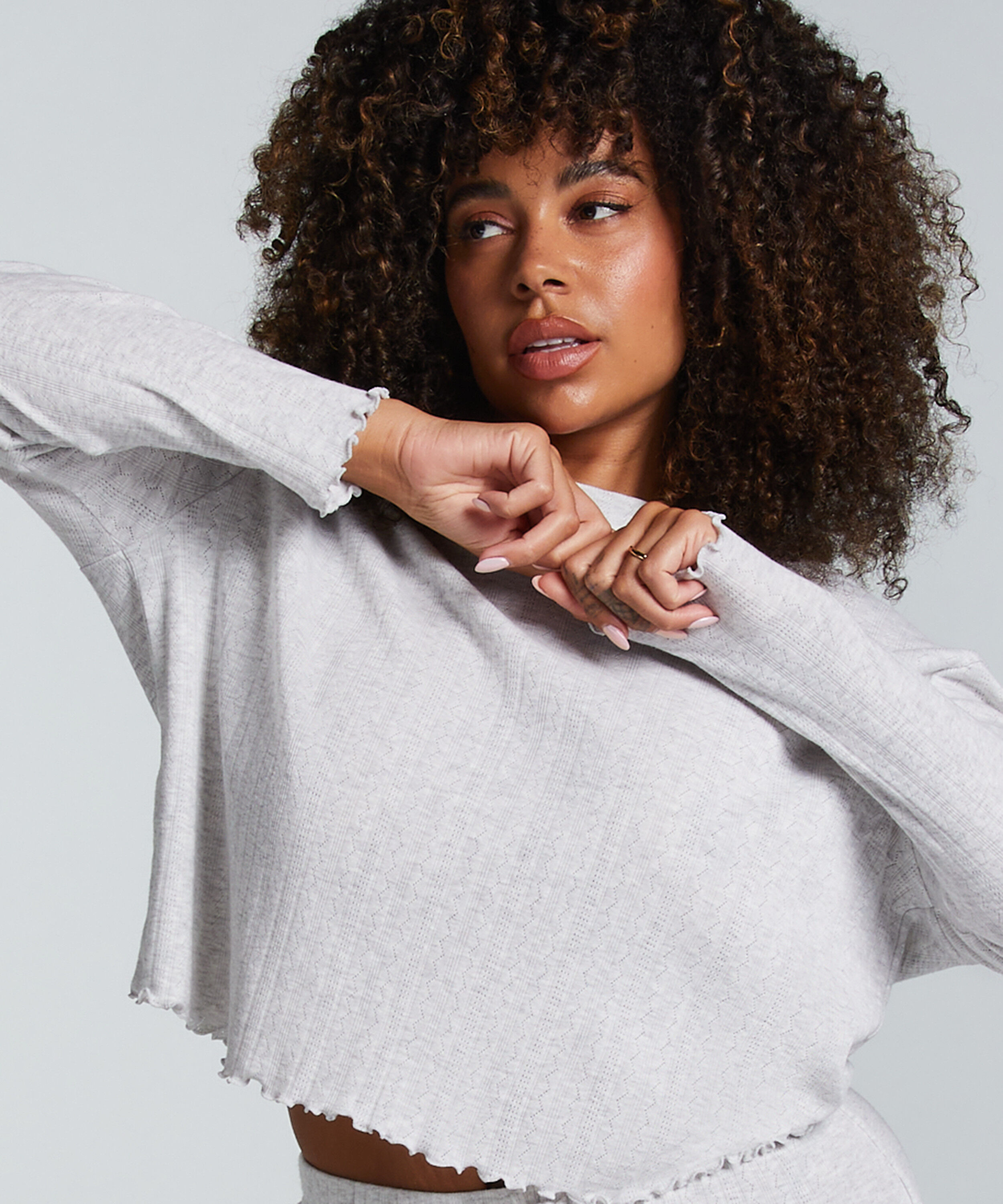 Langärmeliges Pyjamatop Pointelle, Beige Langärmeliges Pyjamatop Pointelle, Beige