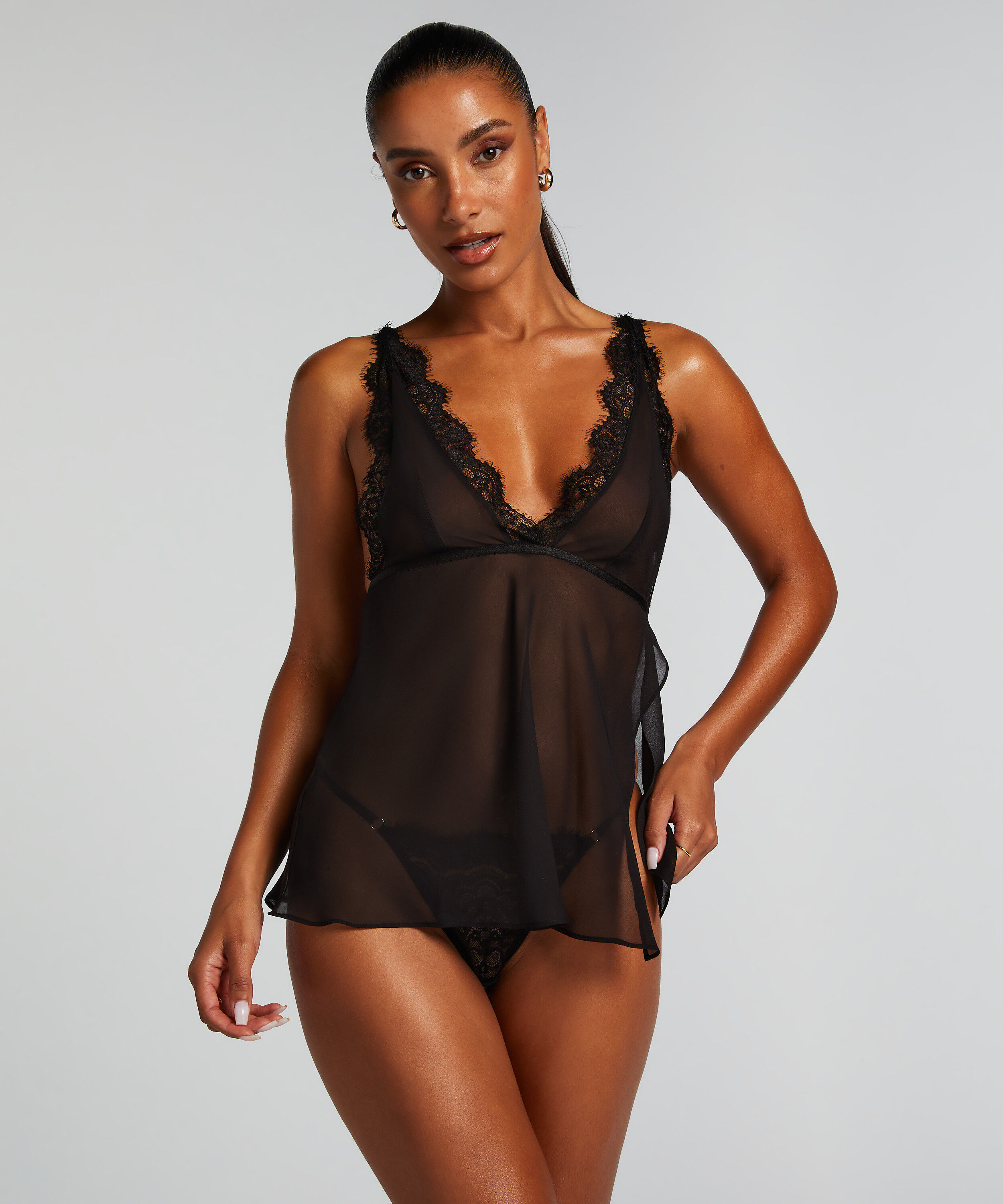 Babydoll Chiffon Lace, Schwarz