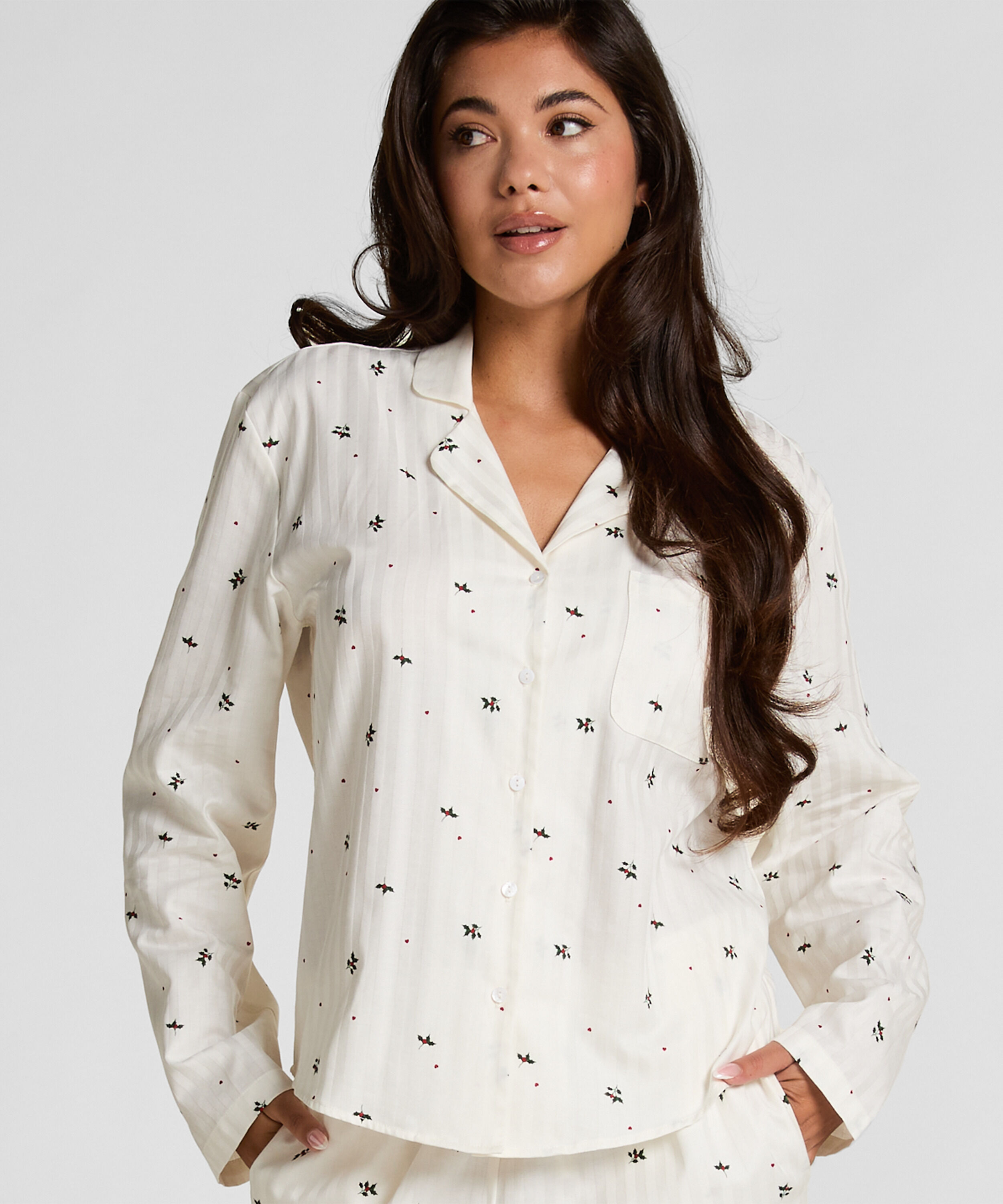 Jacquard Pyjama-Oberteil und Langarm, Weiß