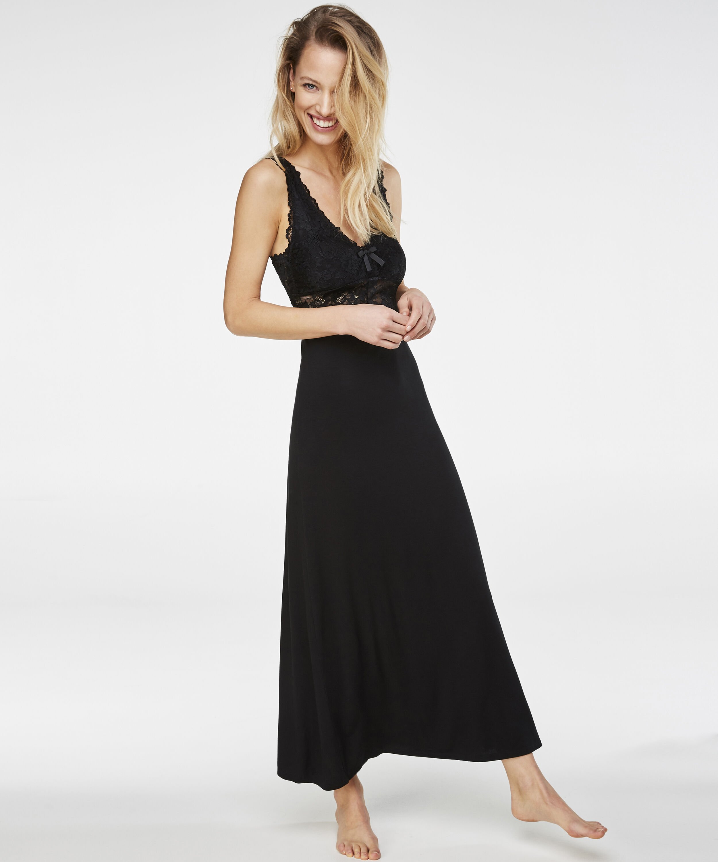 Langes Slipdress, Modal Lace, Schwarz Langes Slipdress, Modal Lace, Schwarz