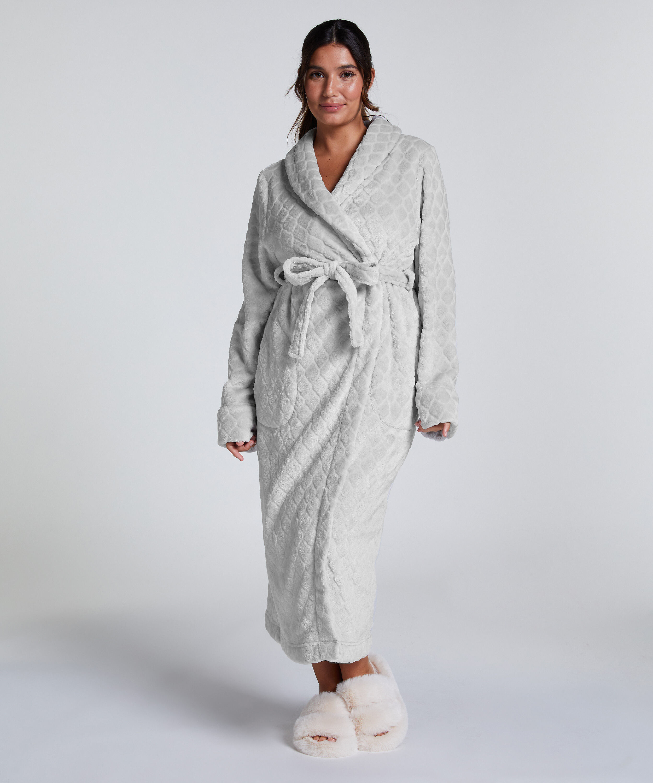 Fleece-Bademantel lang, Grau