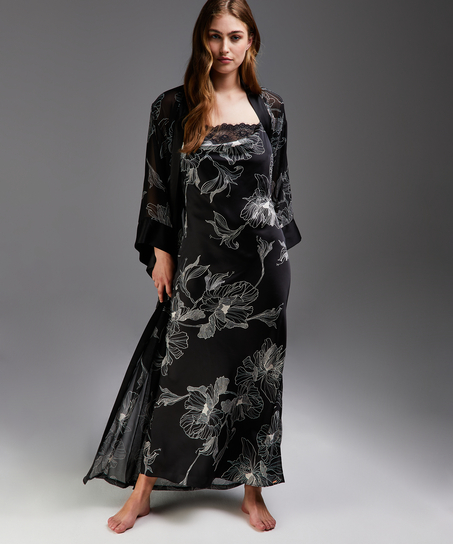 Kimono langer Chiffon-Lotus, Schwarz