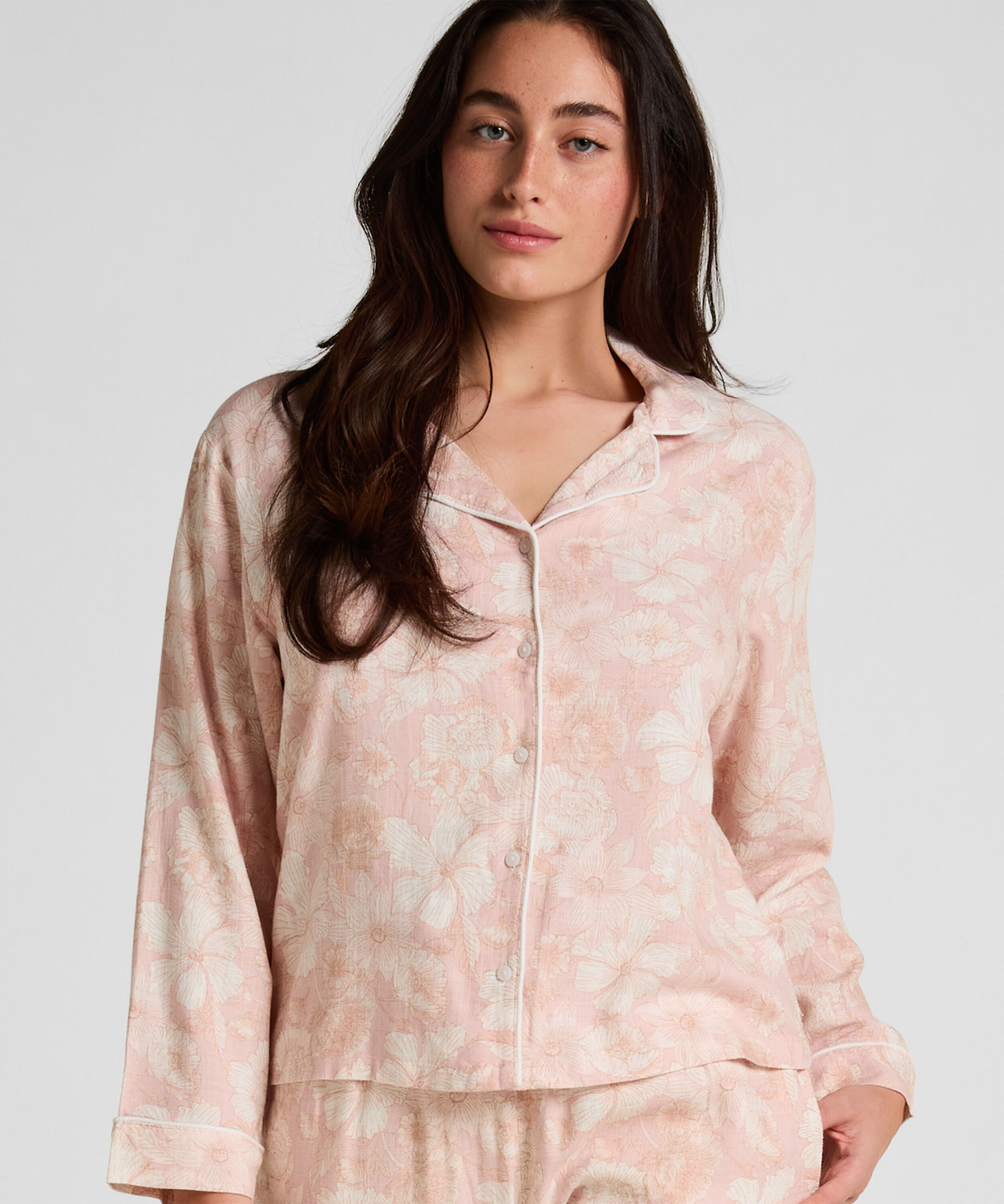 Leinen-Pyjamajacke mit Blumenmuster, Rose