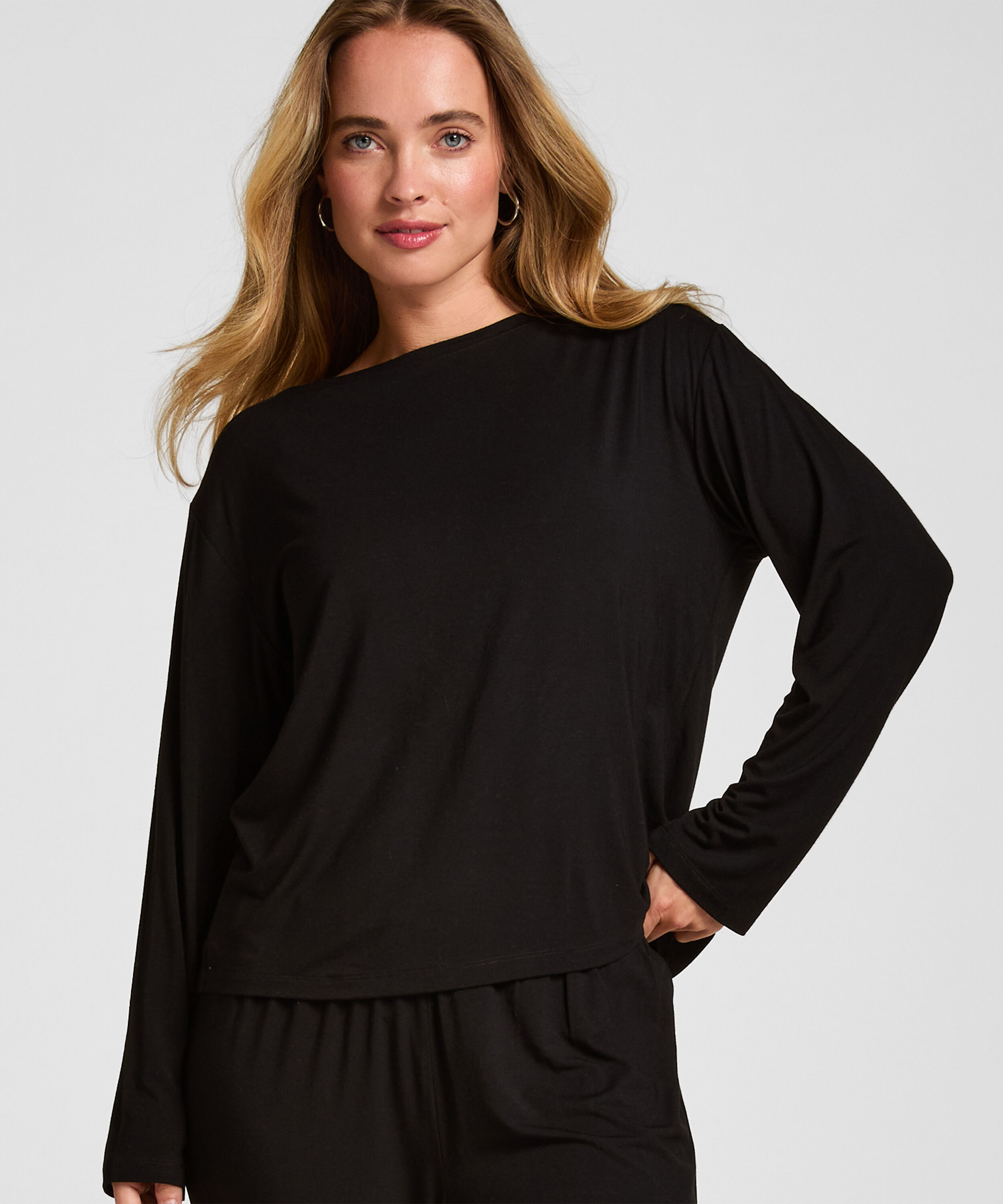 Schlafshirt Langarm Jersey, Schwarz Schlafshirt Langarm Jersey, Schwarz