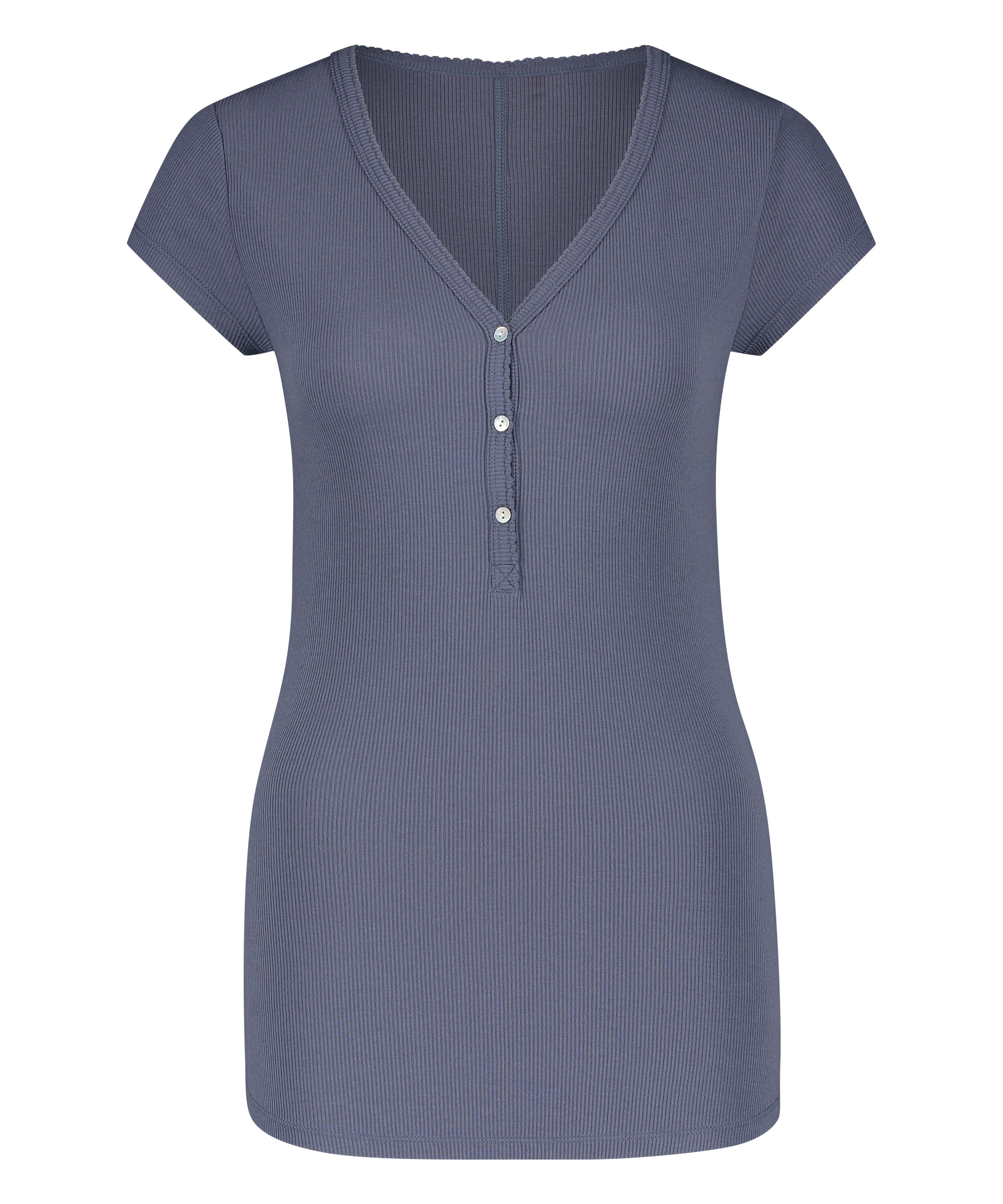 Kurzarm Pyjama Top Rib Placket, Grau