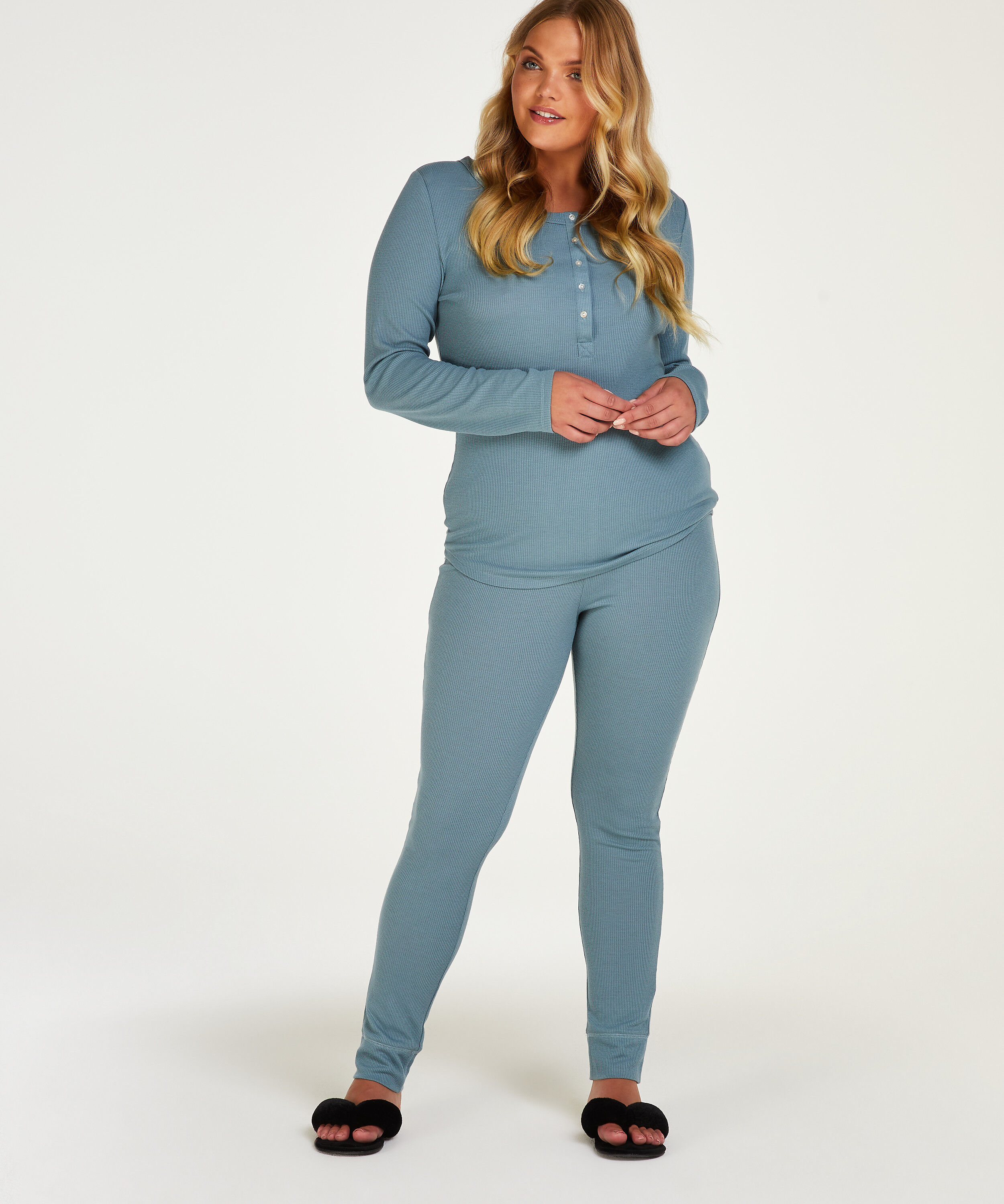 Pyjama Waffle Placket, Blau Pyjama Waffle Placket, Blau