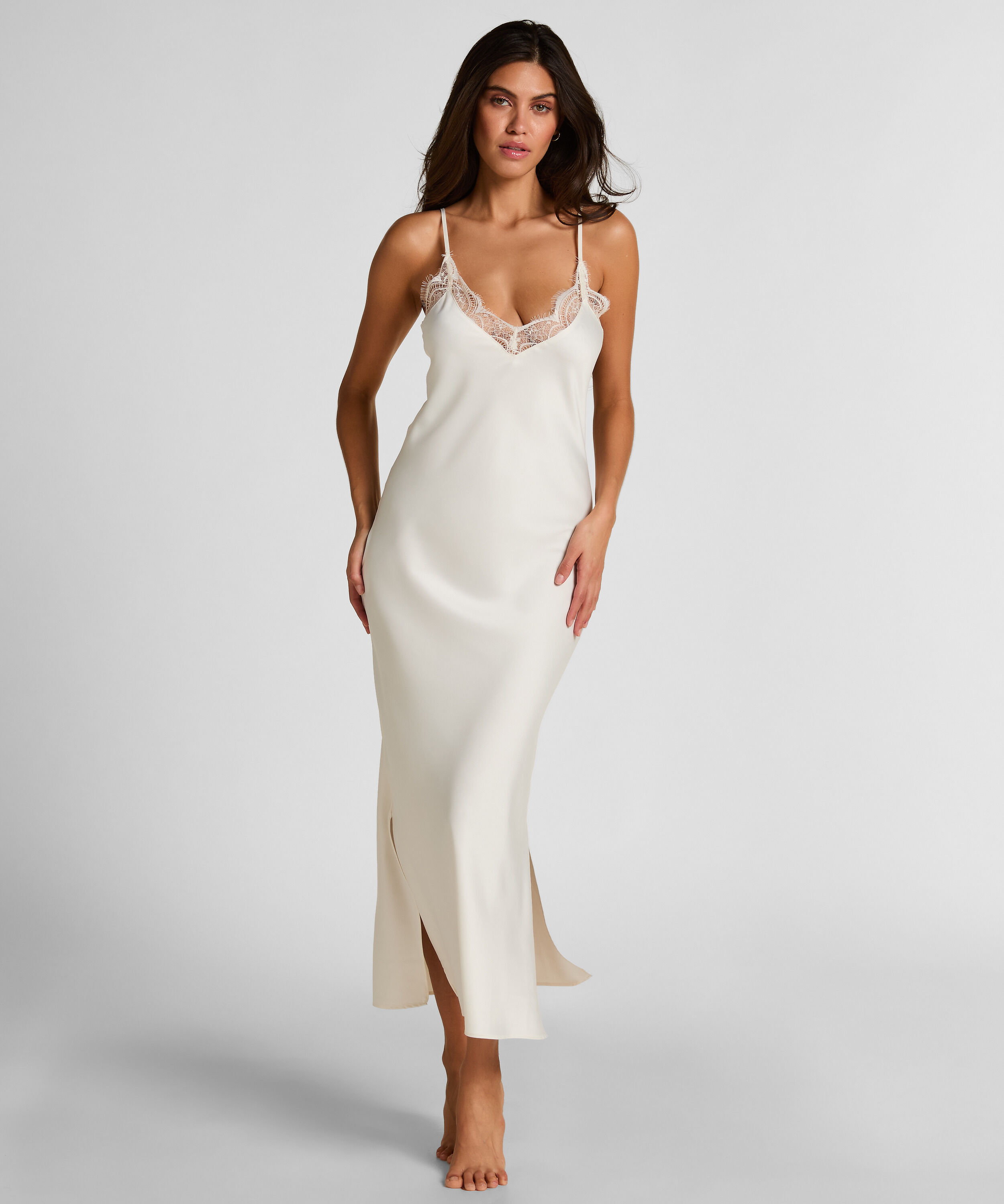 Langes Slipdress aus Satin, Weiß Langes Slipdress aus Satin, Weiß