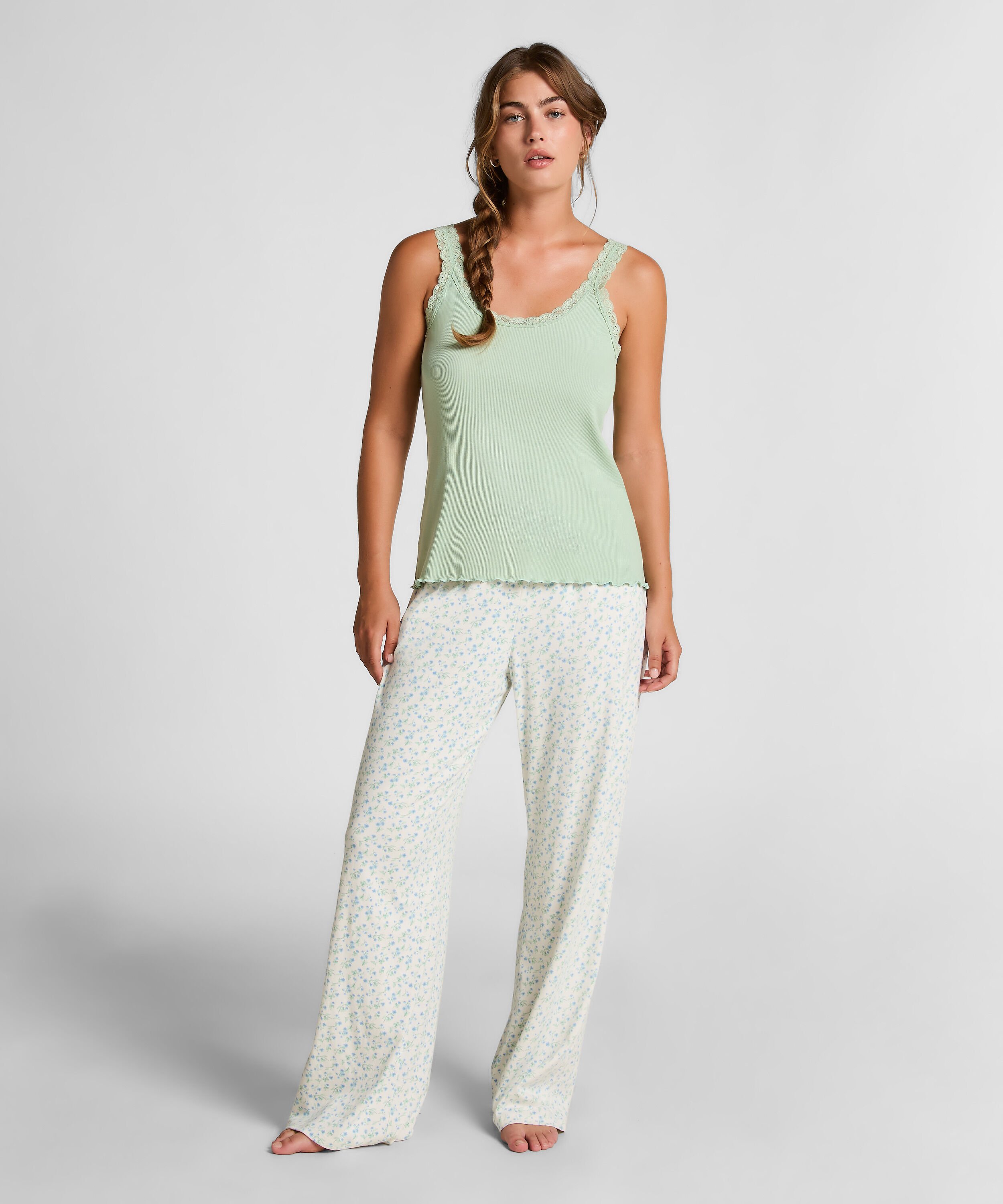 Rippjersey-Top mit Spitze, Grün