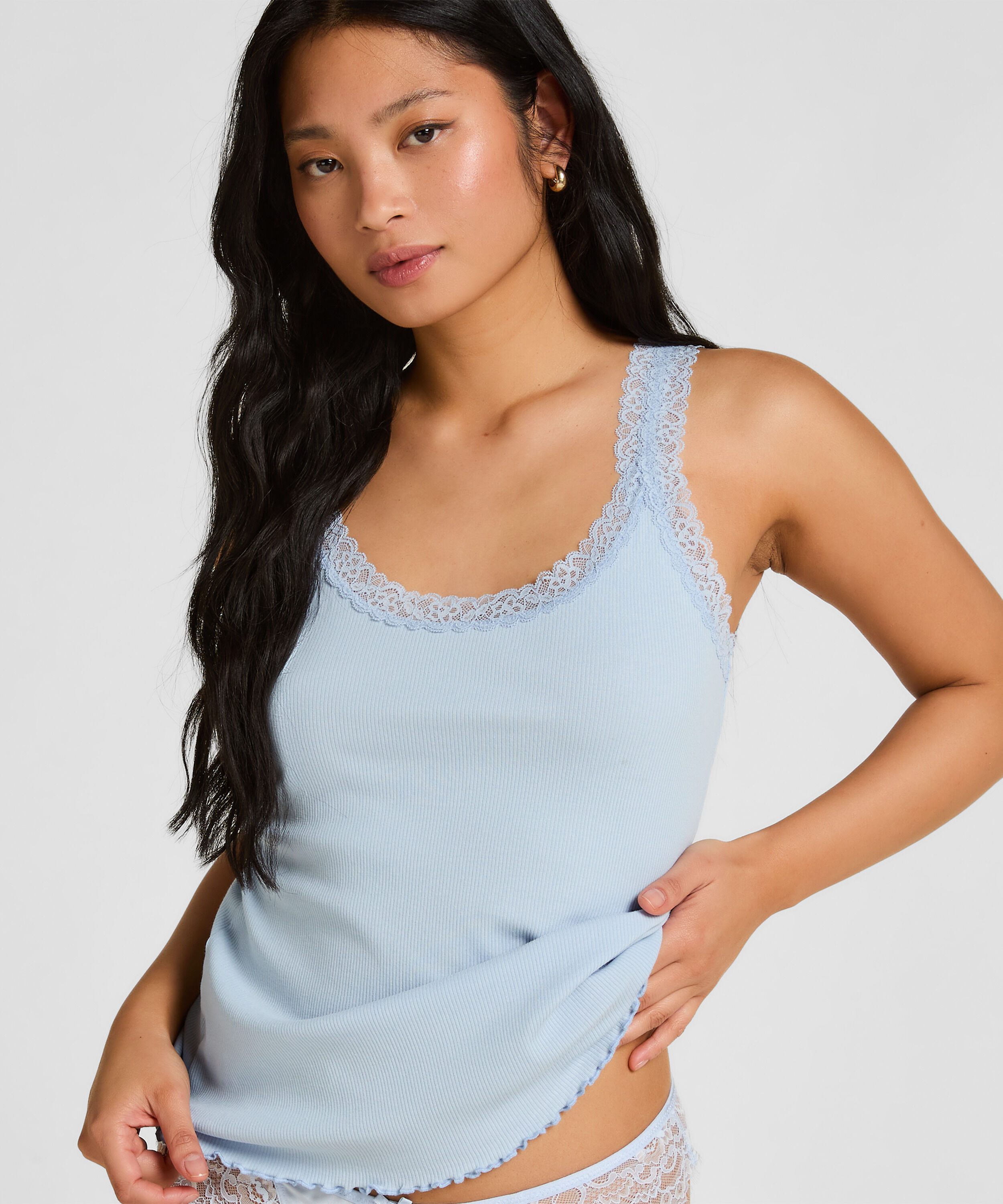 Rippjersey-Top mit Spitze, Blau Rippjersey-Top mit Spitze, Blau