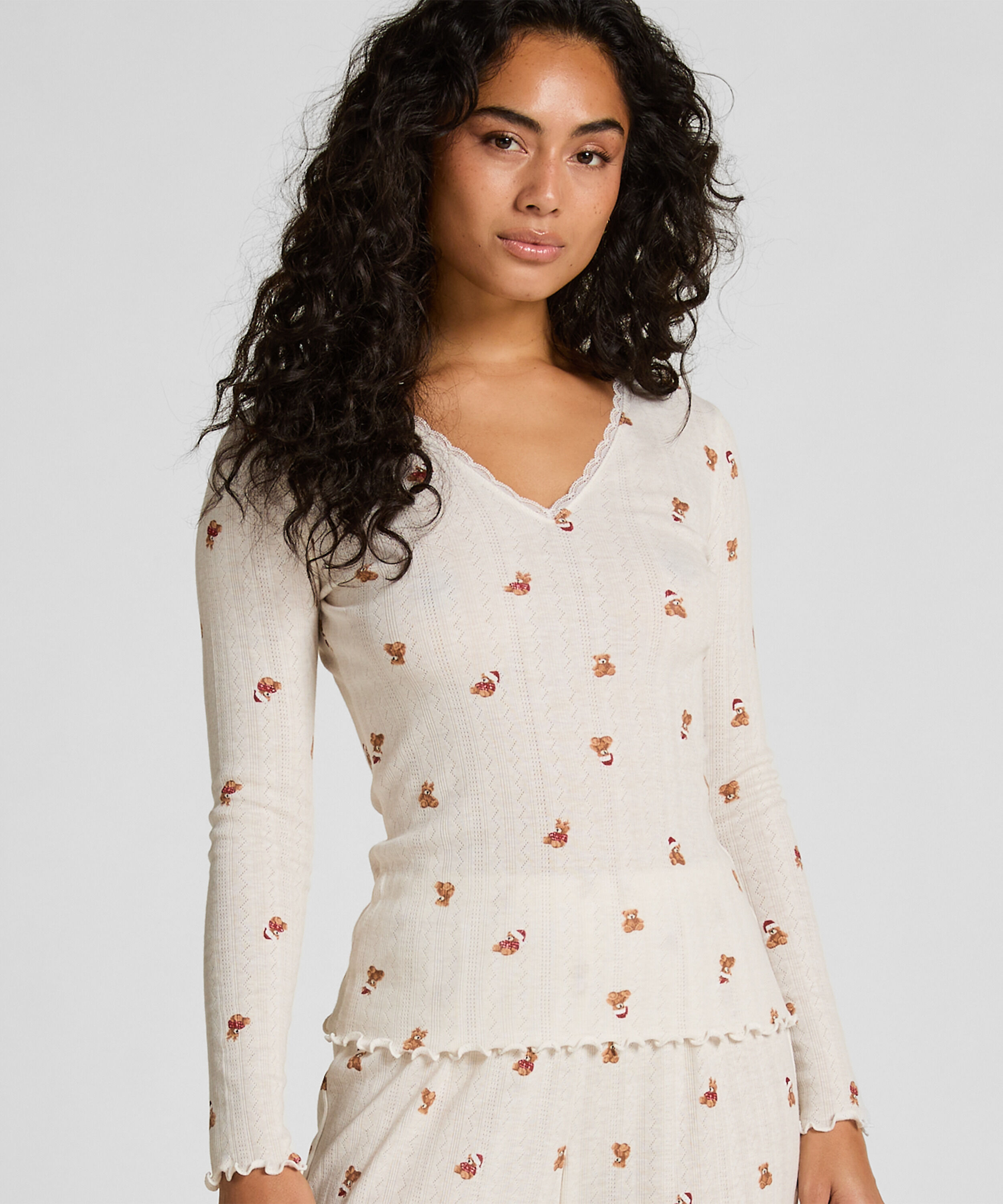 Langärmeliges Pyjamatop Pointelle, Weiß Langärmeliges Pyjamatop Pointelle, Weiß
