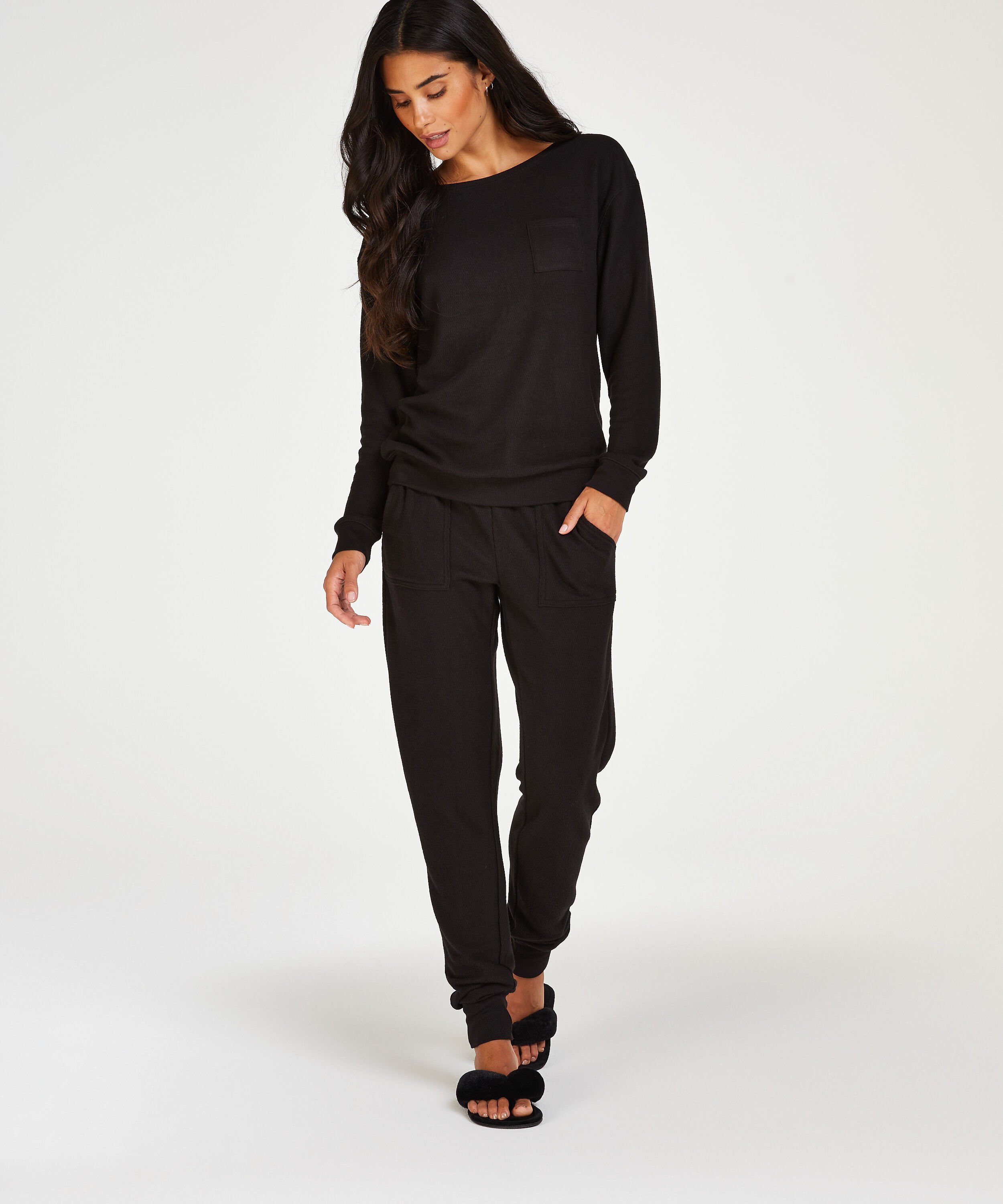 Pyjama Waffle Placket, Schwarz