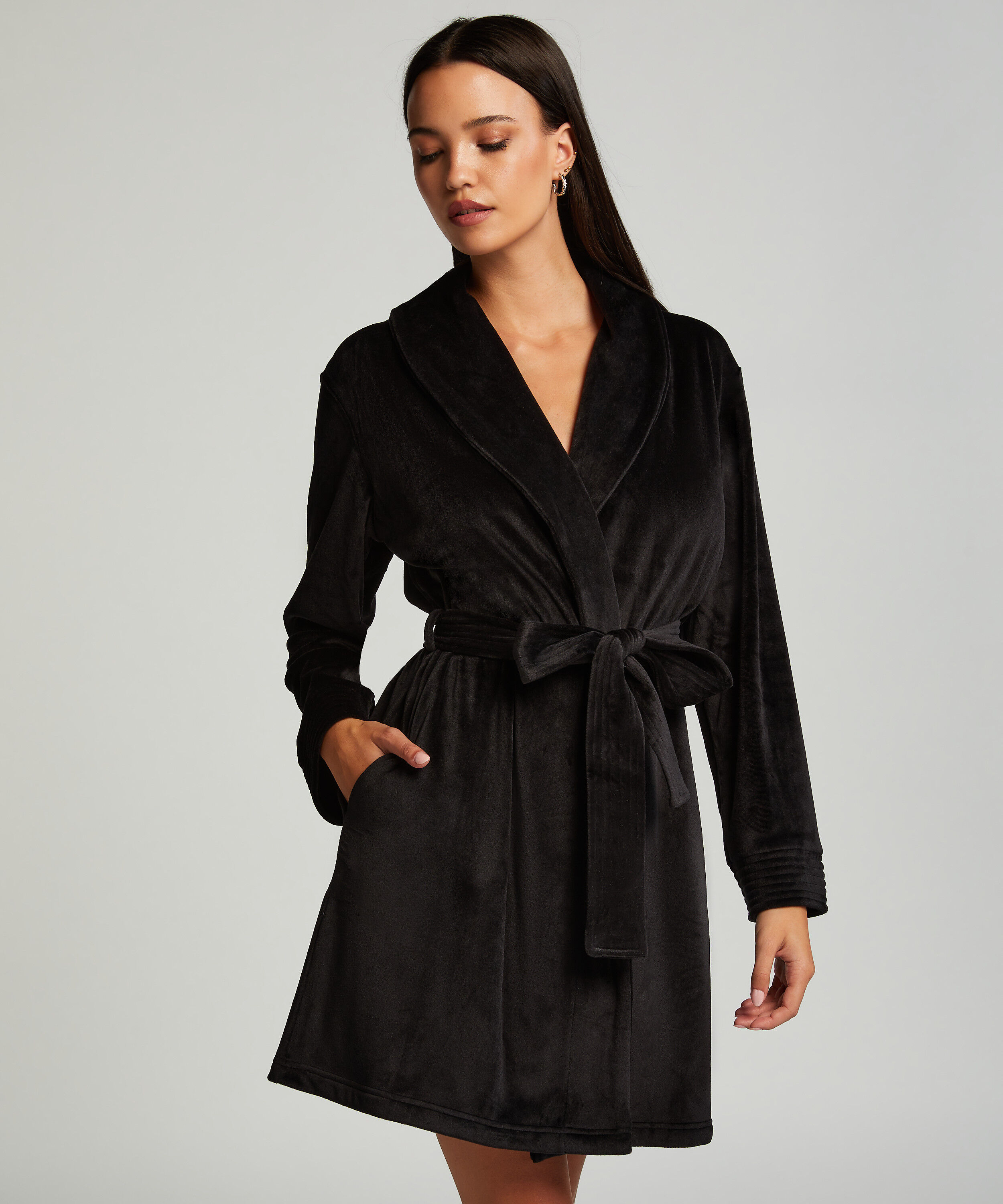 Kurzer Bademantel Velours, Schwarz