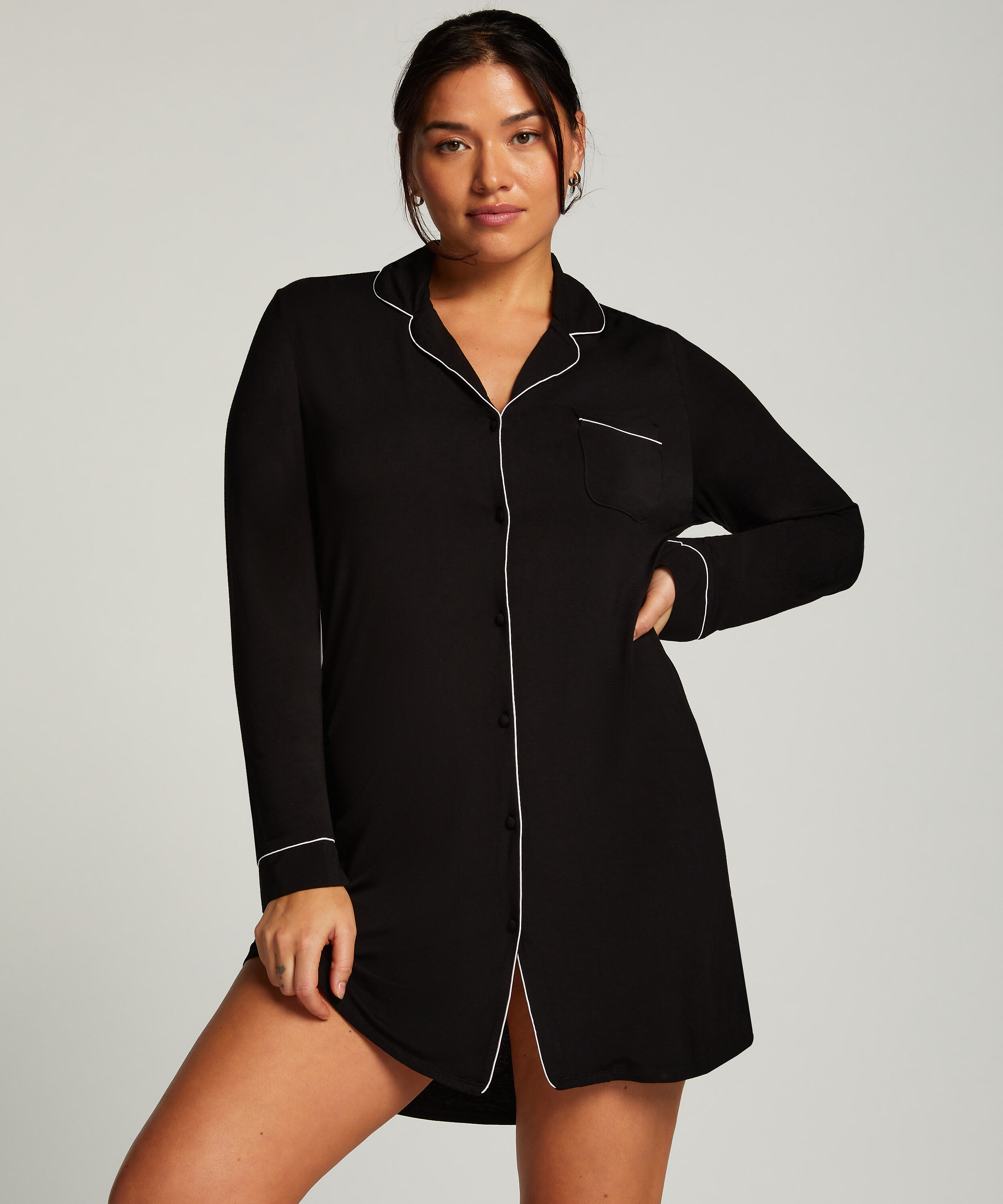 Langärmeliges Jersey-Hemdkleid Essential, Schwarz
