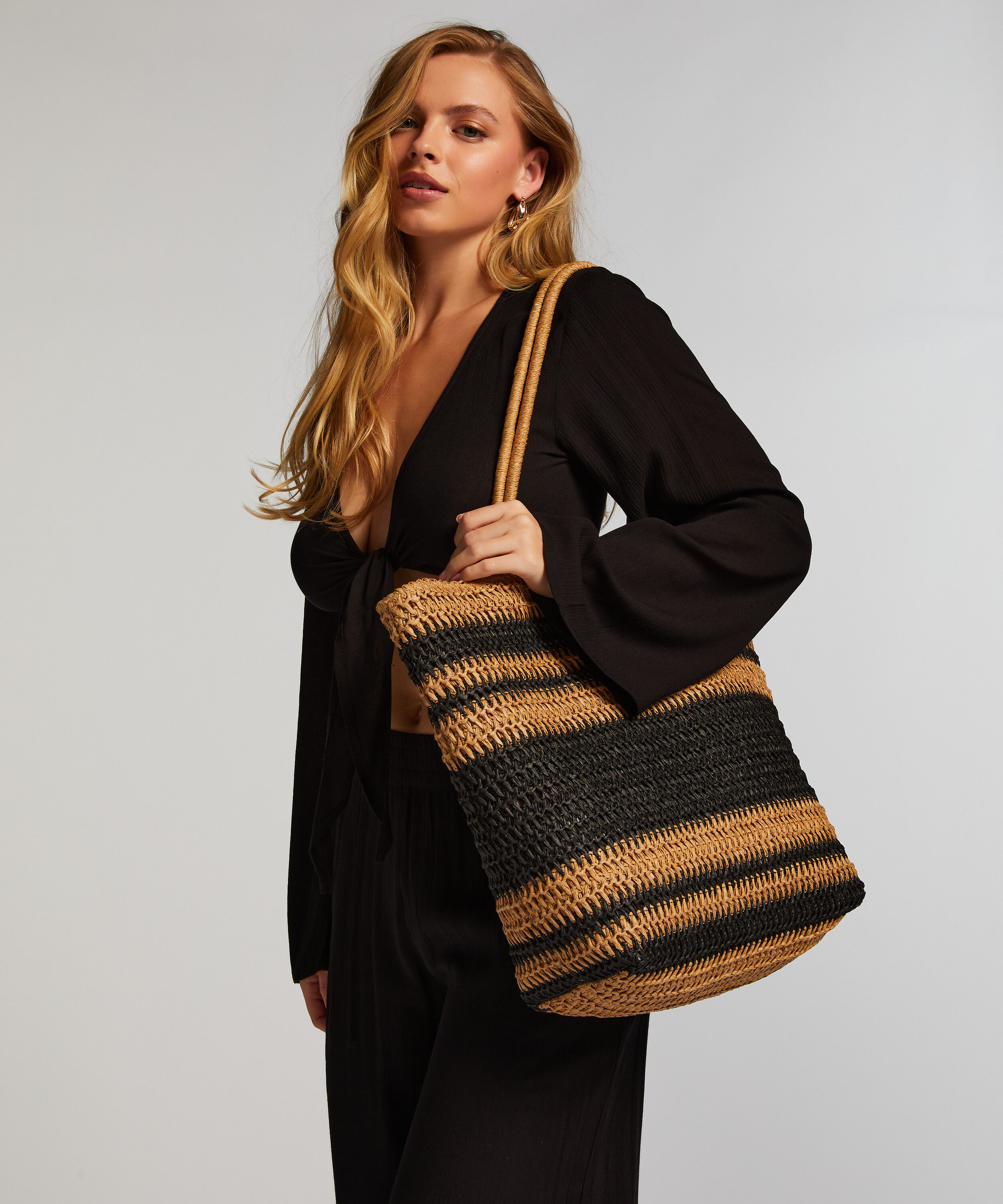 Gestreifte Strandtasche, Schwarz