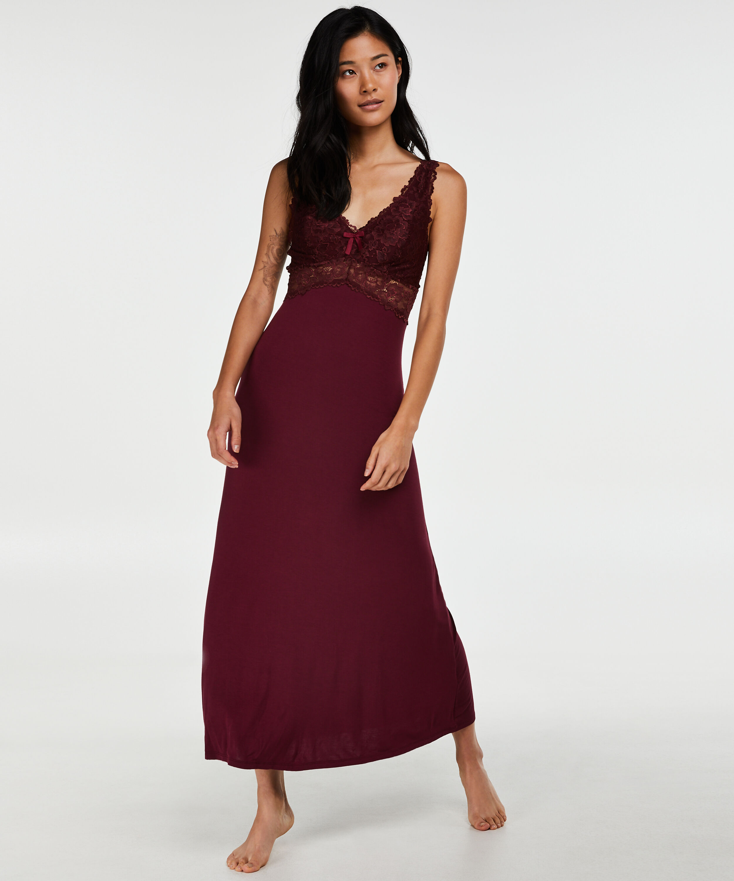 Langes Slipdress, Modal Lace, Rot