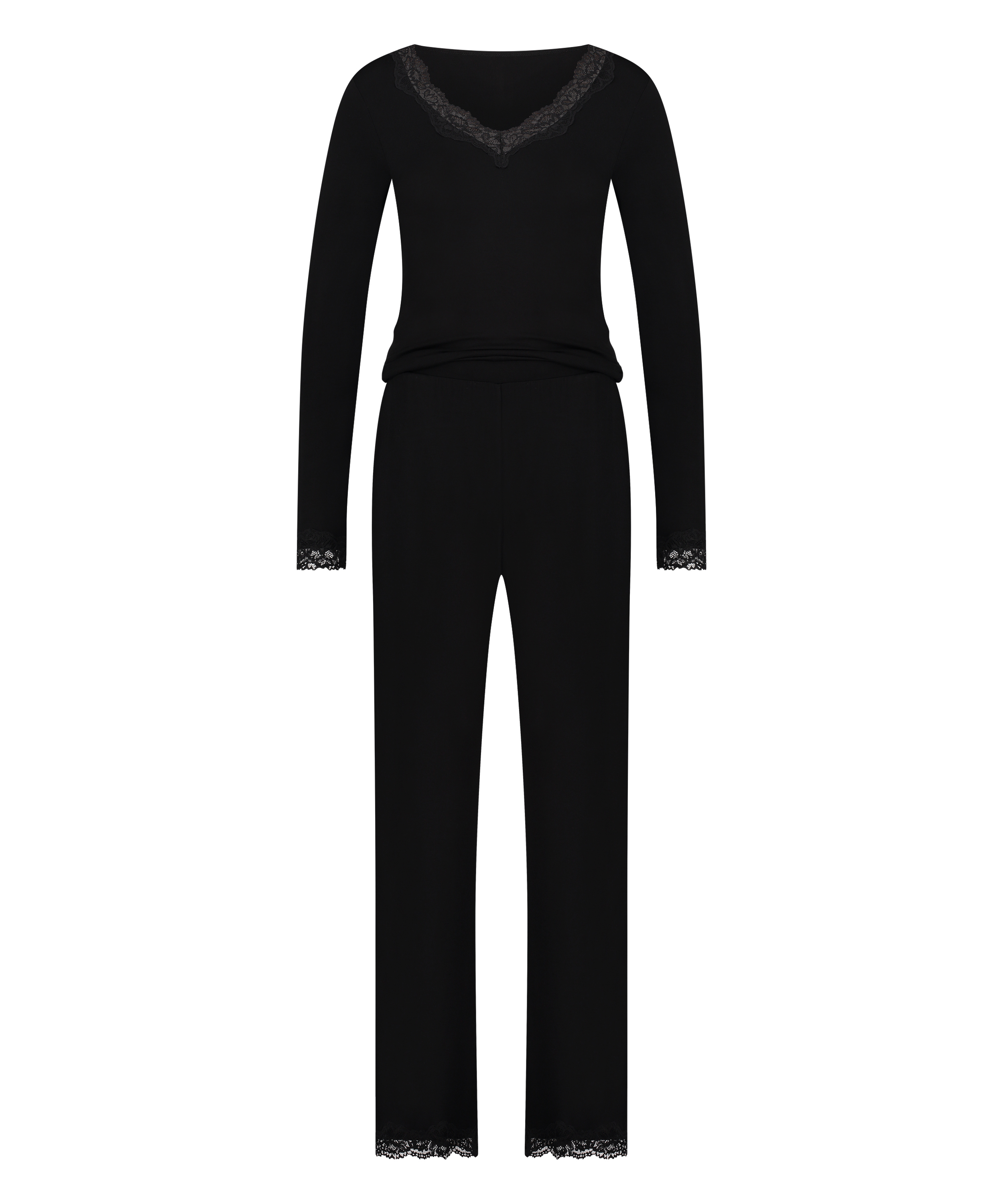 Langärmeliges Pyjama-Set mit Spitze, Schwarz, main