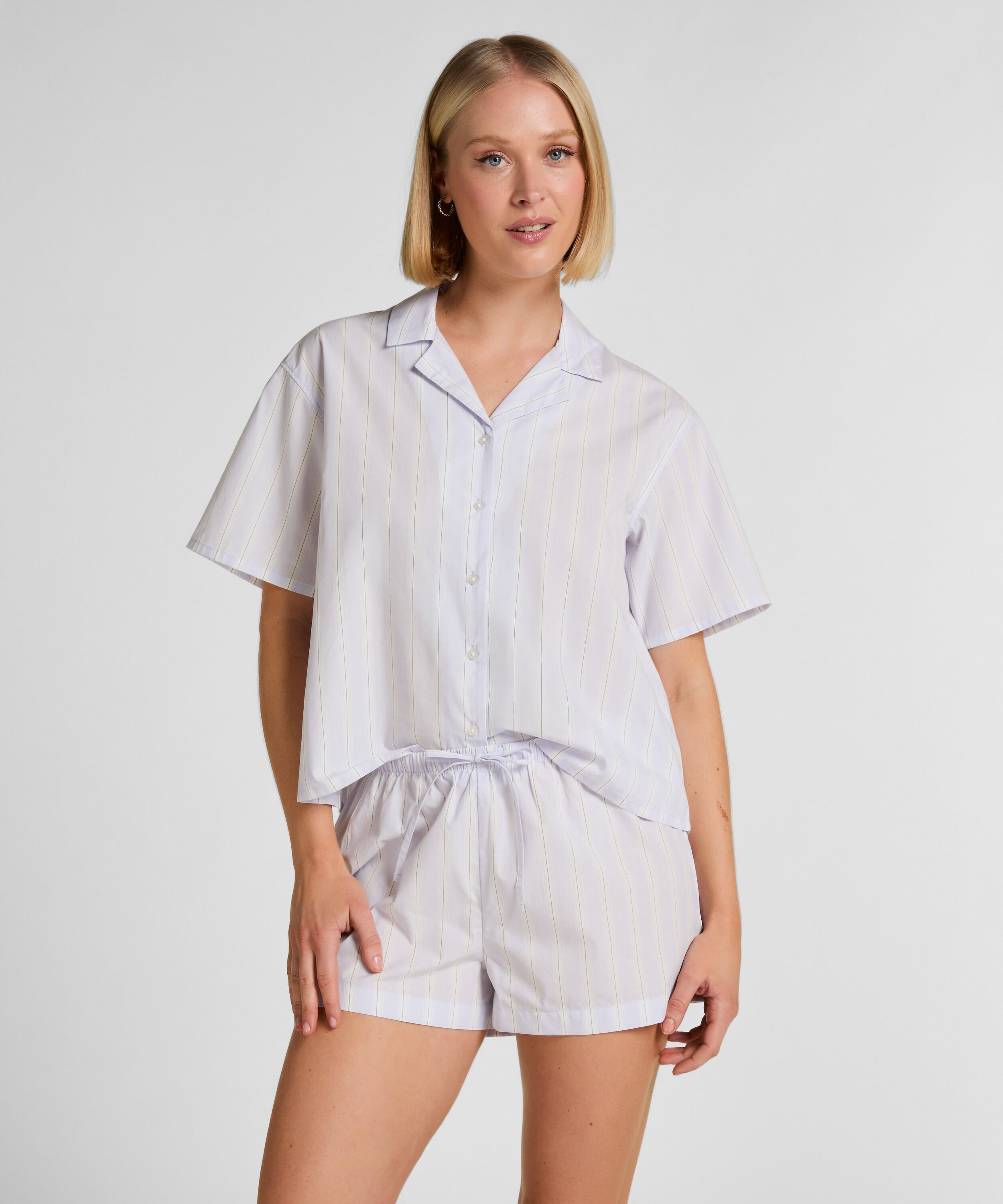 Gestreiftes Baumwoll-Pyjama-Shirt mit Kurzen Ärmeln, Lila
