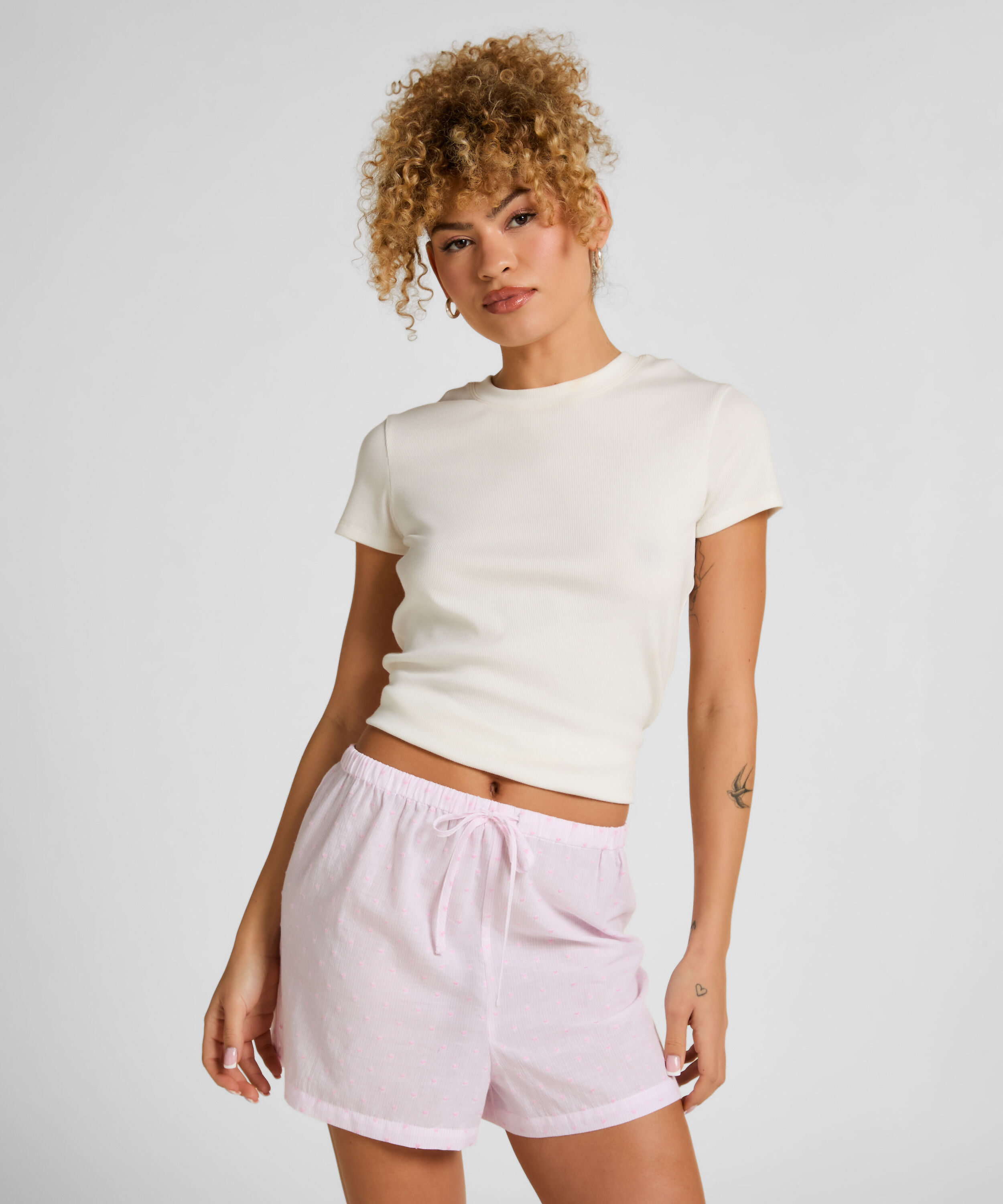 Heart Pyjama Shorts - Gestreift aus Baumwolle, Rose Heart Pyjama Shorts - Gestreift aus Baumwolle, Rose
