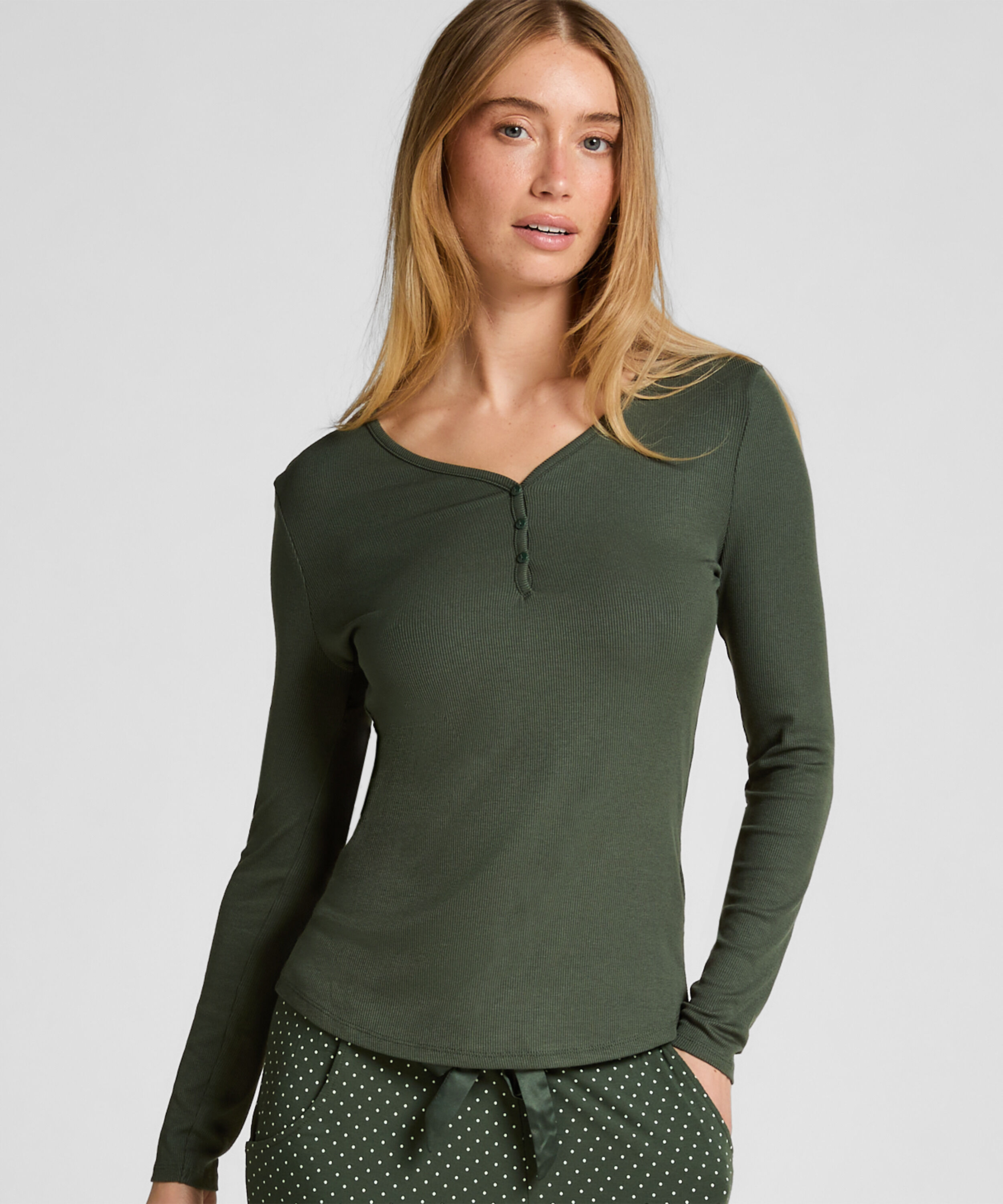 Henley-Pyjamatop mit langen Ärmeln, Grün