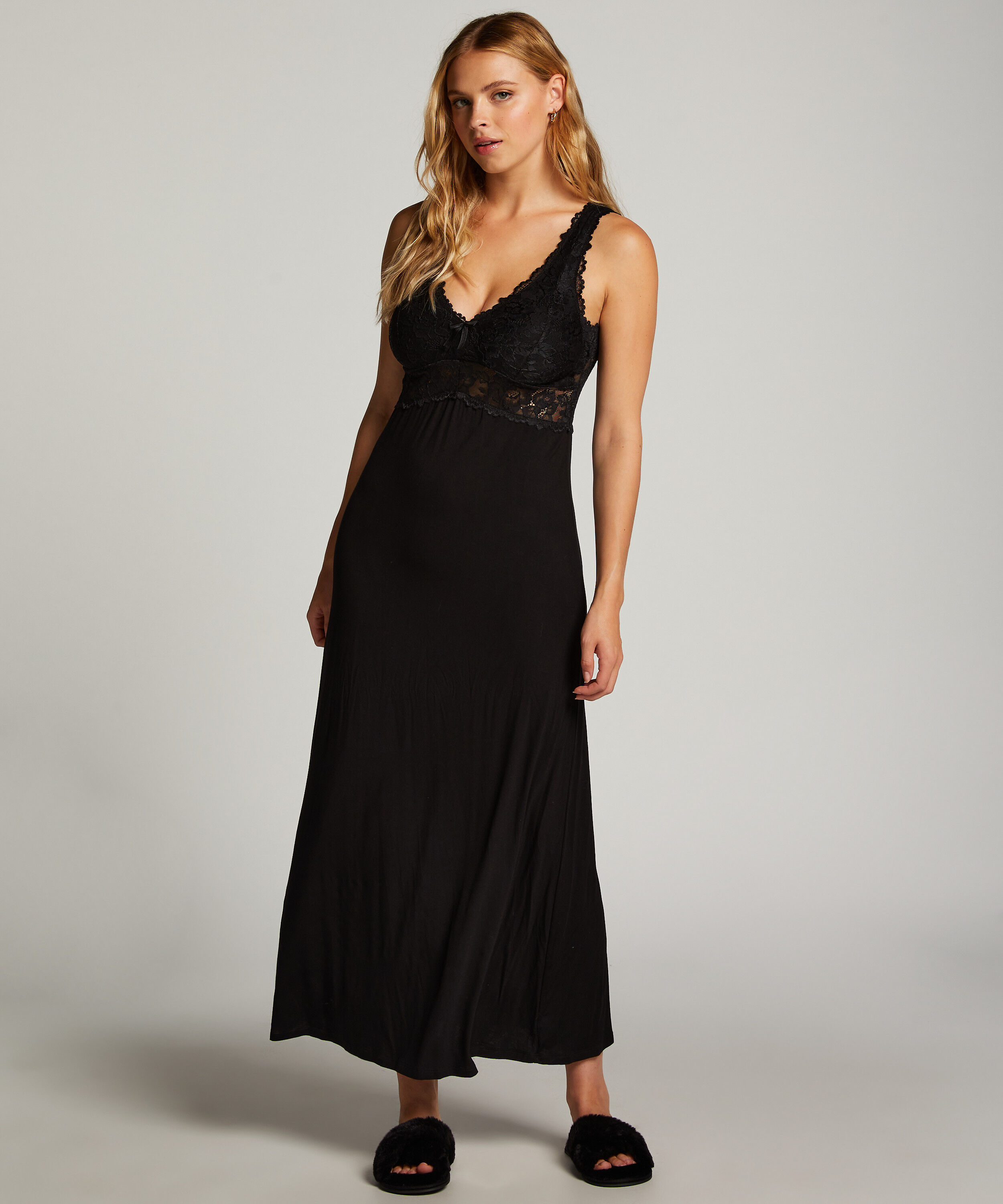 Slipdress Nora Lace Long, Schwarz