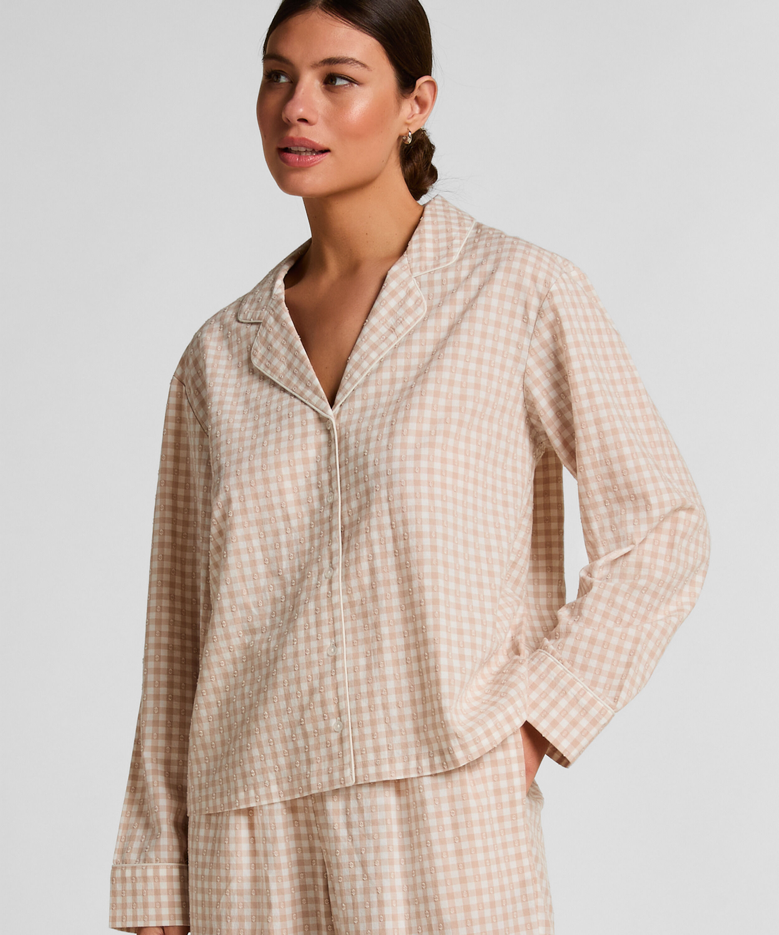 Dobby Pyjama-Jacke aus Gewebter Baumwolle, Beige Dobby Pyjama-Jacke aus Gewebter Baumwolle, Beige