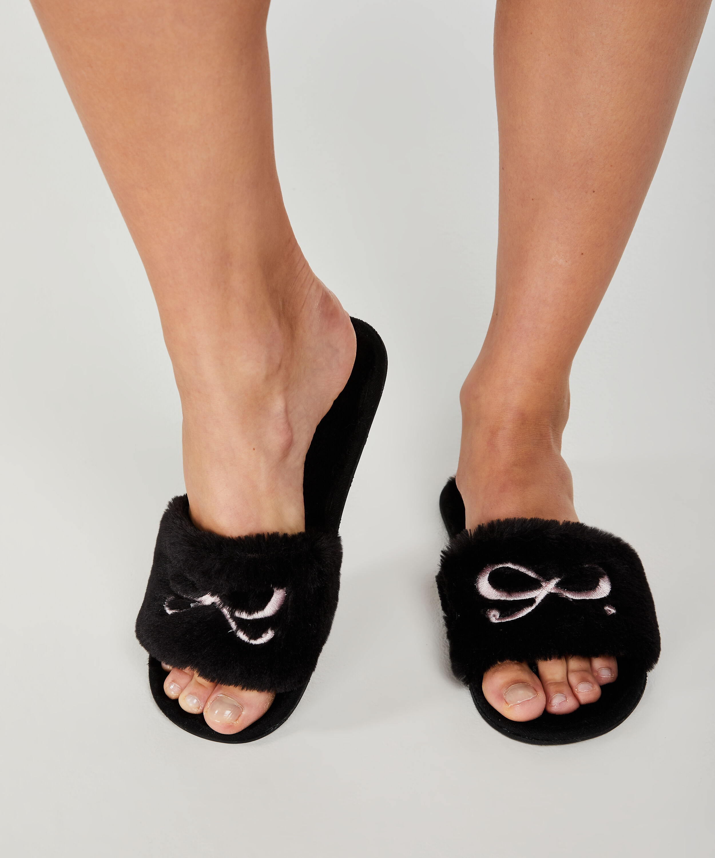 Fake Fur Slippers Bow, Schwarz