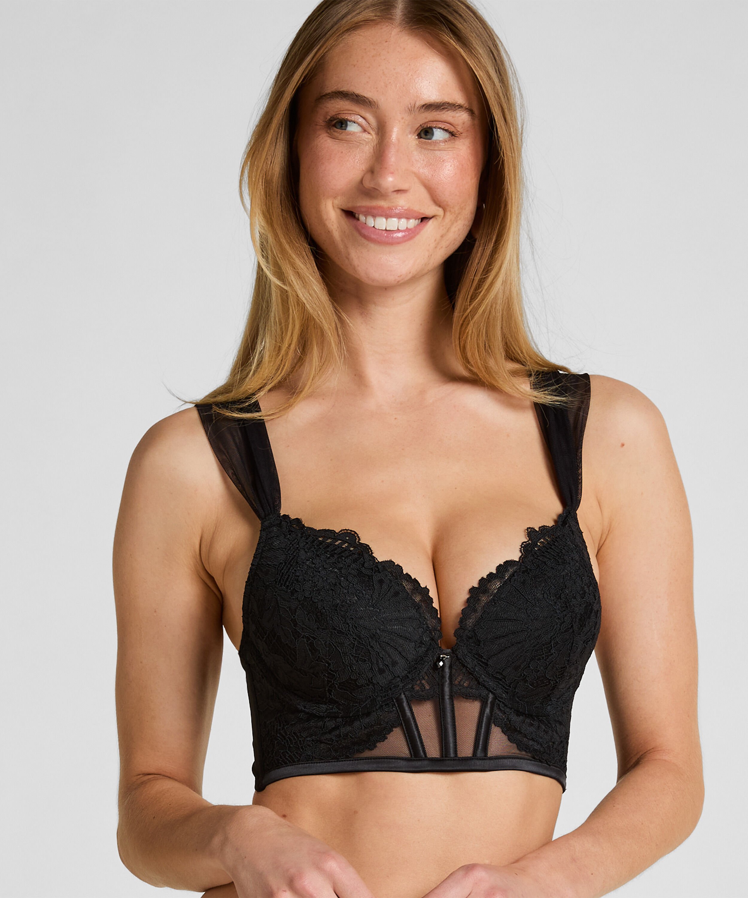 Whitney Gepolsterter Longline-Push-up-BH mit Bügel, Schwarz