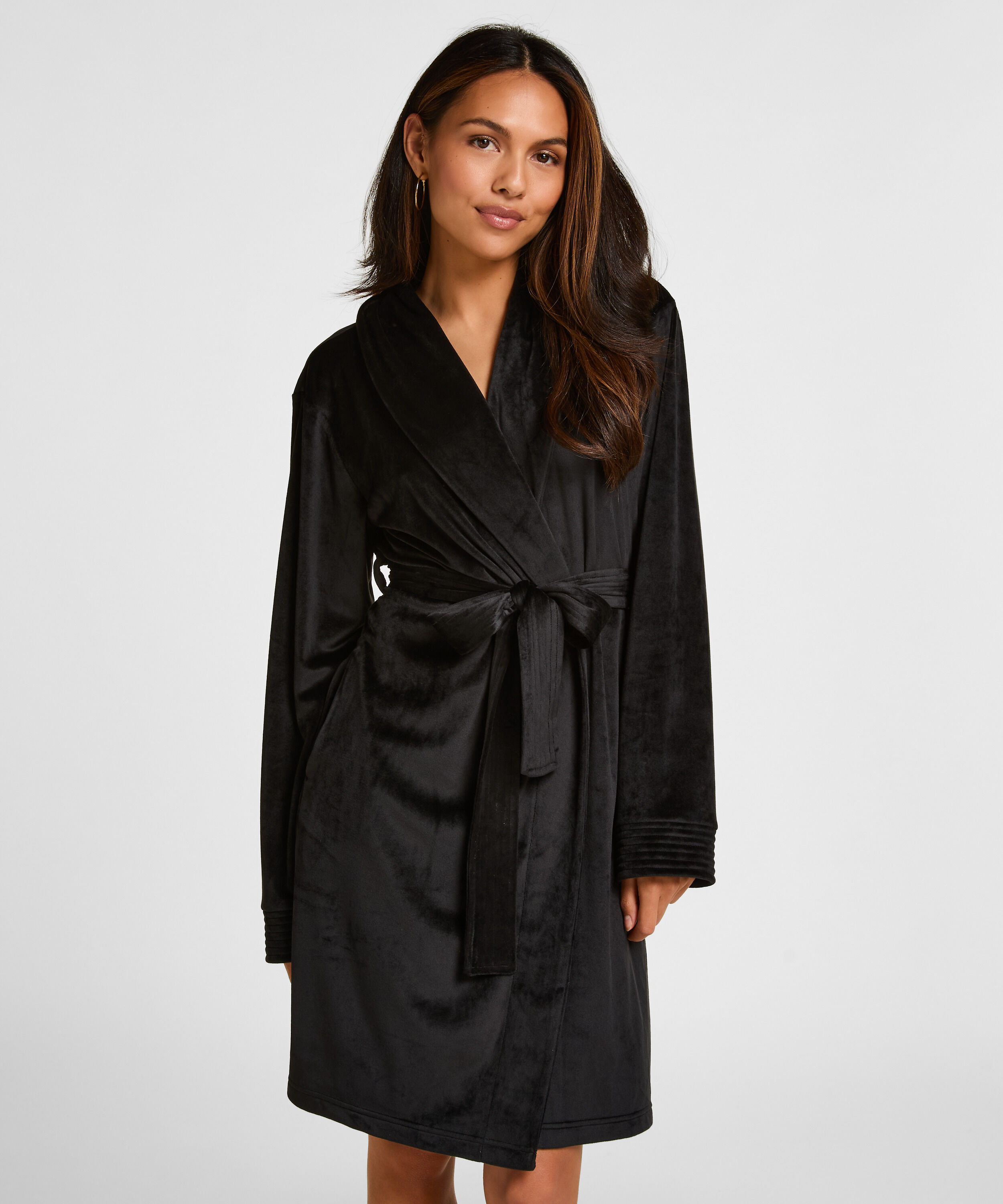 Kurzer Bademantel Velours, Schwarz