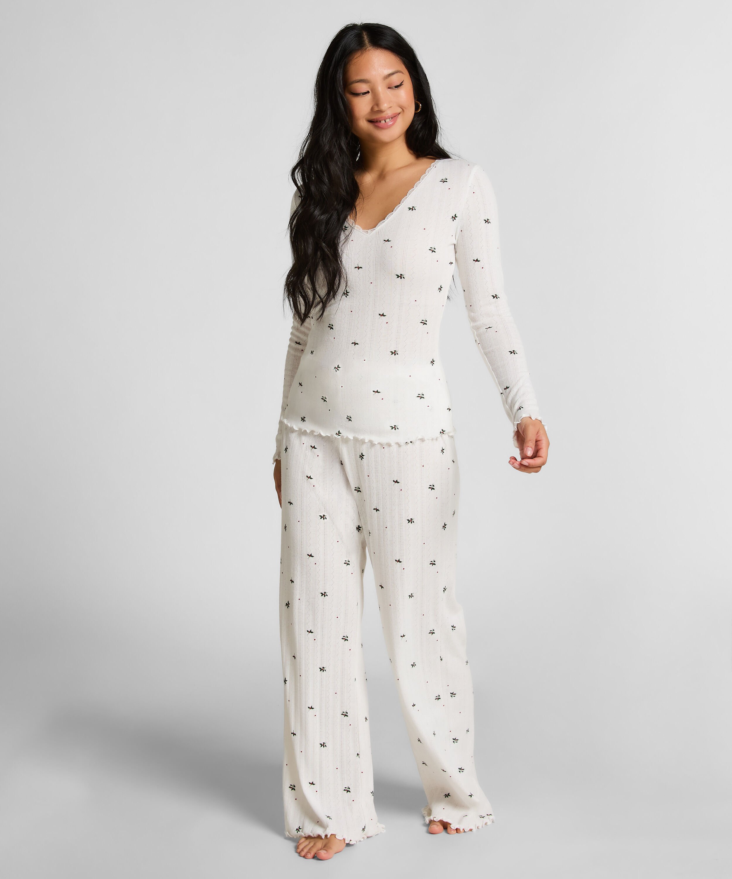 Pointelle Pyjamaset, Weiß Pointelle Pyjamaset, Weiß